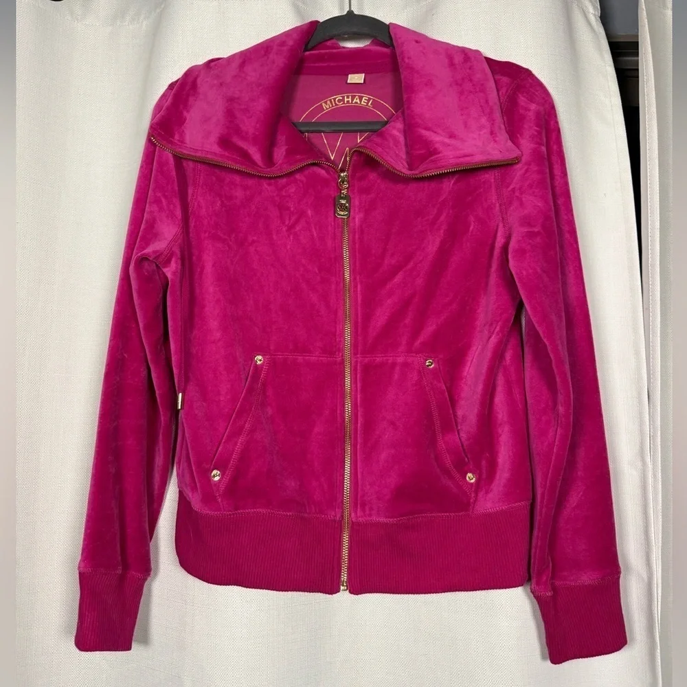 Michael Kors Hot Pink Velour Zip Up Jacket Small